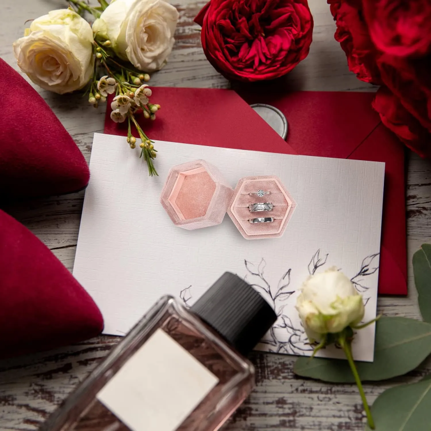 WantGor Velvet Jewelry Ring Box, 3 Slots Hexagon Ring Gift Box Vintage Ring Display Holder Case for Wedding Ceremony Proposal Engagement (Blush Peach, 3 Slots)
