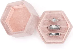 WantGor Velvet Jewelry Ring Box, 3 Slots Hexagon Ring Gift Box Vintage Ring Display Holder Case for Wedding Ceremony Proposal Engagement (Blush Peach, 3 Slots)