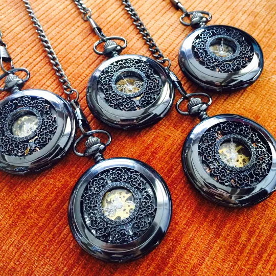 Wedding Gift Set Personalized Pocket watch Engravable Mechanical Black Groomsmen gifts Wedding Gifts MPW003