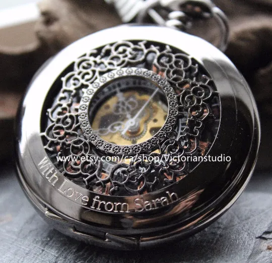 Wedding Gift Set Personalized Pocket watch Engravable Mechanical Black Groomsmen gifts Wedding Gifts MPW003