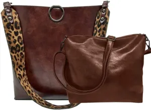 Women 2Pcs Leopard Print Shoulder Bag Set Satchel Totes Handbag Purse
