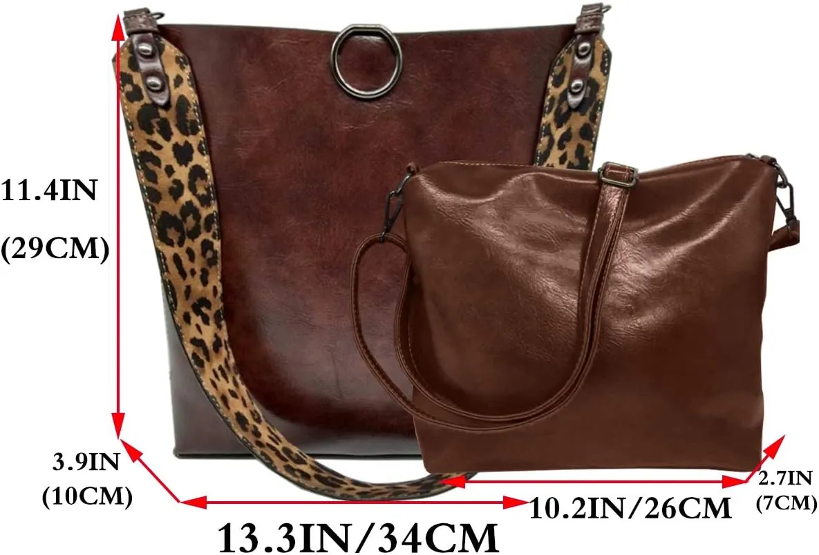 Women 2Pcs Leopard Print Shoulder Bag Set Satchel Totes Handbag Purse