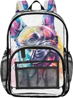 Women Clear Backpack Cute Cute Watercolor Bulldog Kids Backpack for Girls School Clear Shoulder Bag
