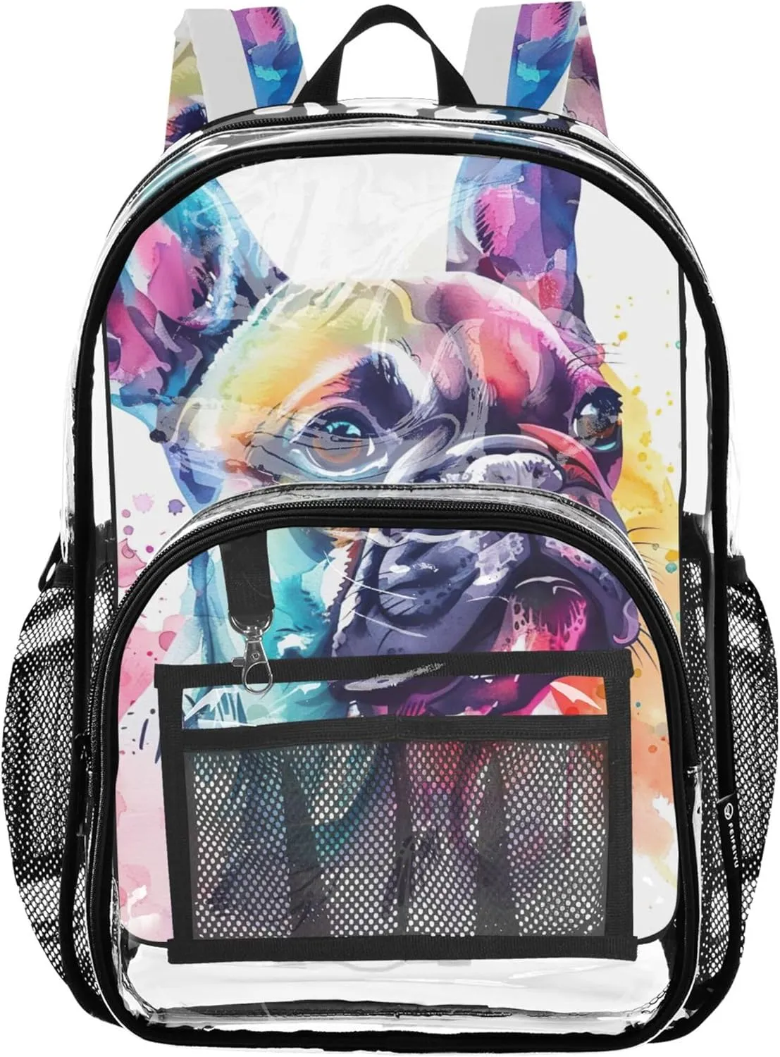 Women Clear Backpack Cute Cute Watercolor Bulldog Kids Backpack for Girls School Clear Shoulder Bag