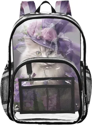 Women Clear Backpack Cute Elegant Cat Flowers Boys Backpacks for Girls Large Plastic Approved Bag