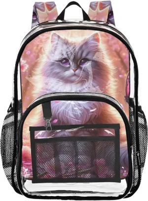 Women Clear Backpack Cute Girls Backpack Kids Boys Clear School Shoulder Bag Pink Ragdoll Cat Spring Flowers
