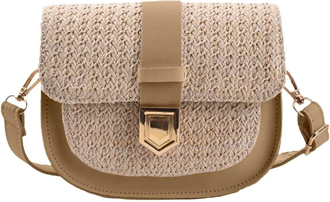 Women's Bag Braided Bag Simple Small Single Shoulder Crossbody Bag Saddle Bag Hard Case Messenger Bag (Khaki, One Size)