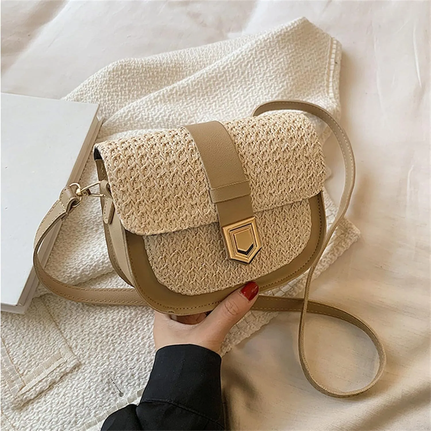 Women's Bag Braided Bag Simple Small Single Shoulder Crossbody Bag Saddle Bag Hard Case Messenger Bag (Khaki, One Size)