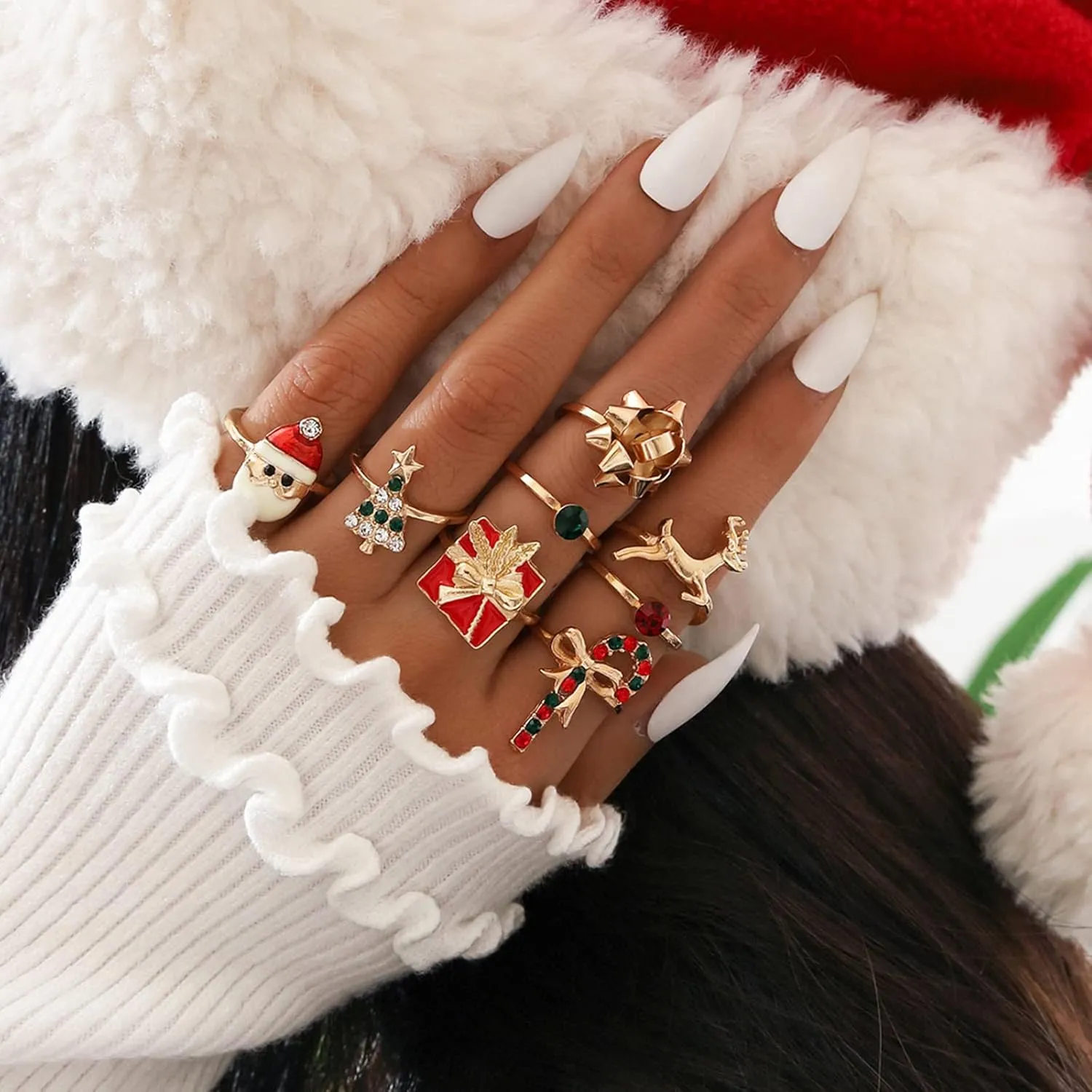 Women's Christmas Tree Bow Rings - Candy Cane & Santa Gift