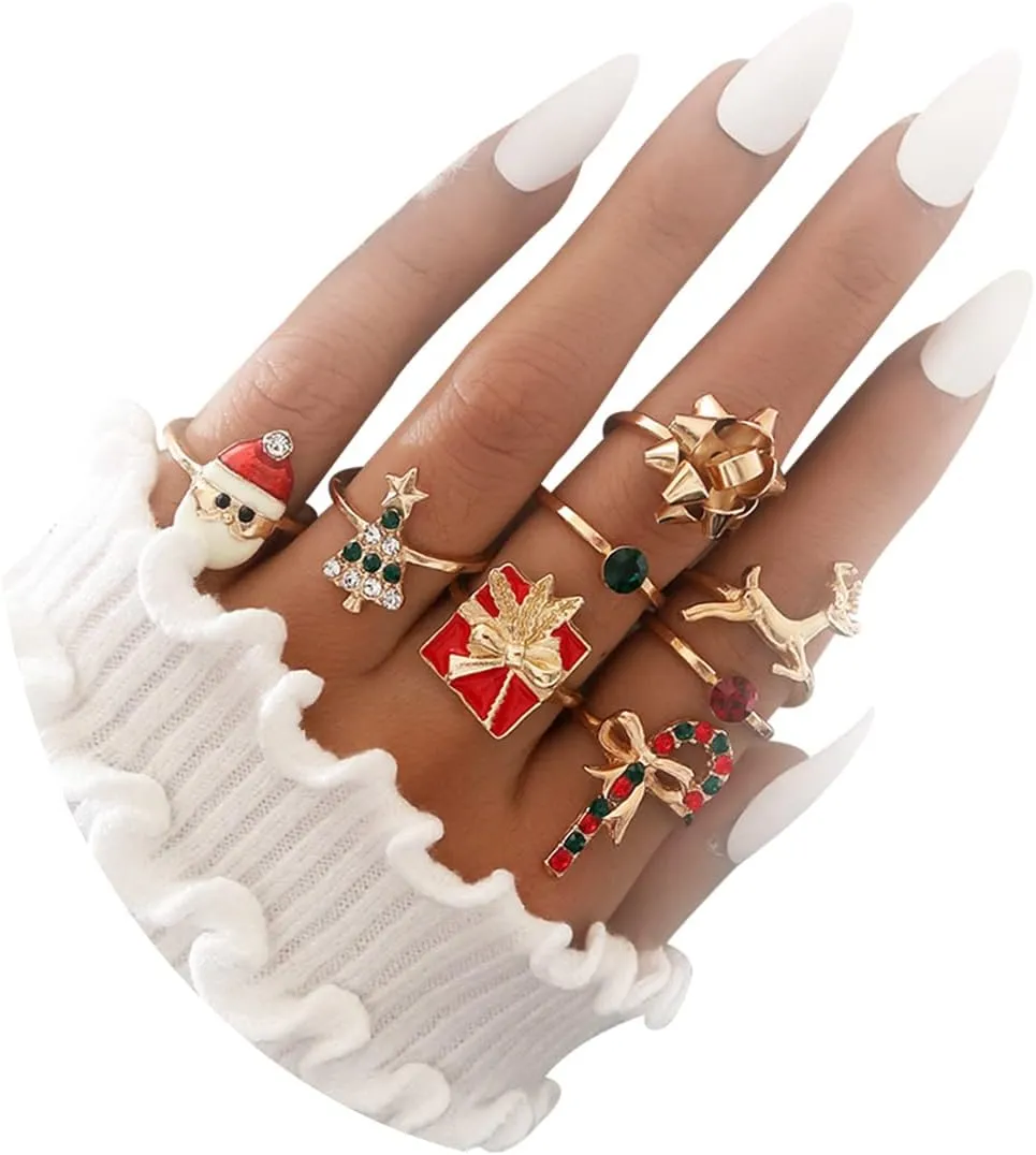 Women's Christmas Tree Bow Rings - Candy Cane & Santa Gift