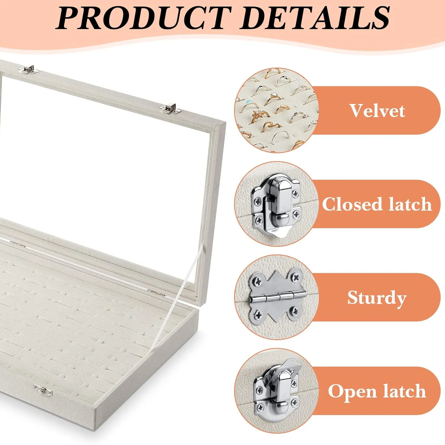 Yinkin 2 Pcs 100 Slots Ring Organizer Box with Transparent Glass Lid Necklace Display Tray Ring Case Velvet Jewelry Holder (Beige)
