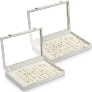 Yinkin 2 Pcs 100 Slots Ring Organizer Box with Transparent Glass Lid Necklace Display Tray Ring Case Velvet Jewelry Holder (Beige)