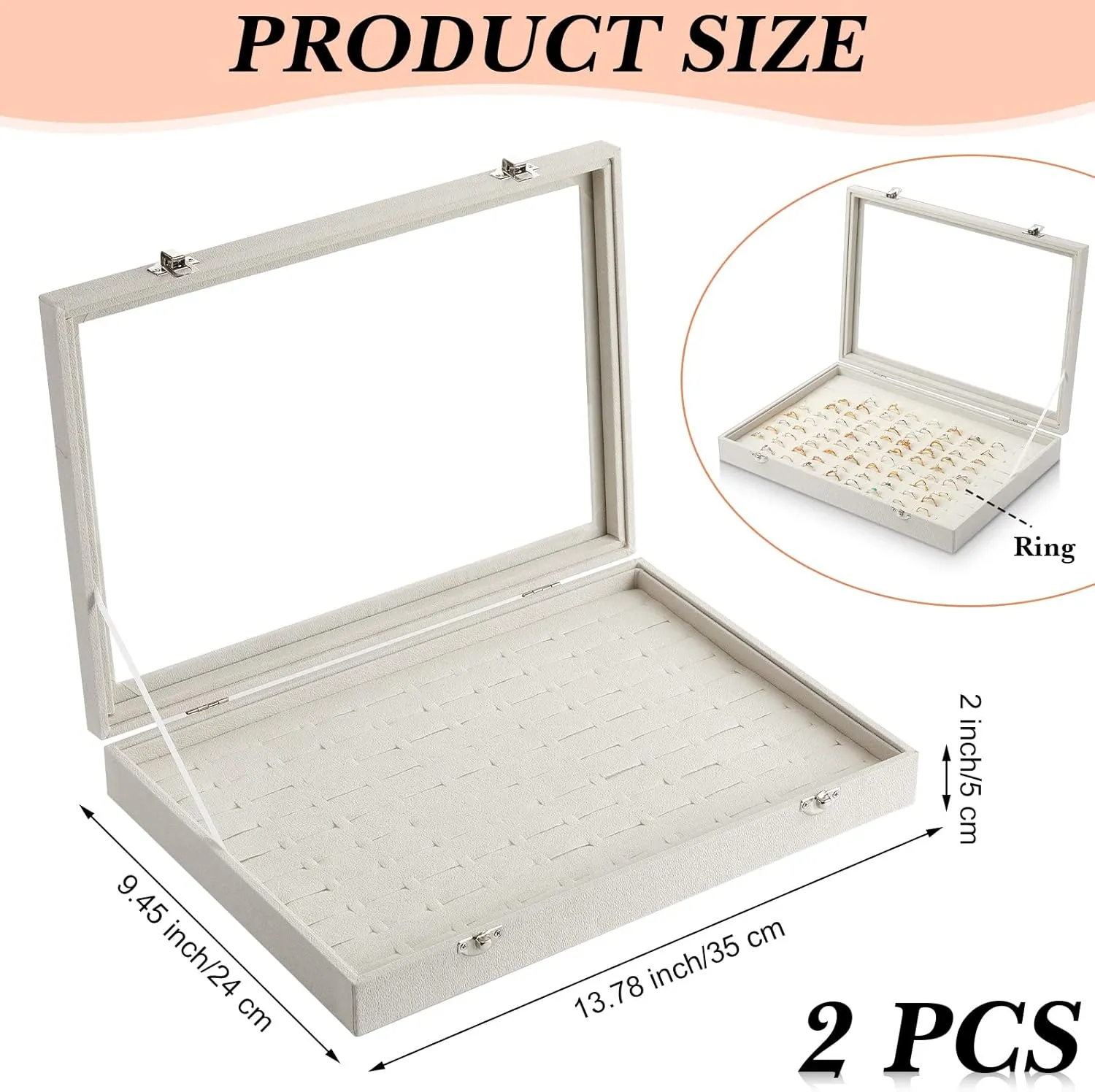 Yinkin 2 Pcs 100 Slots Ring Organizer Box with Transparent Glass Lid Necklace Display Tray Ring Case Velvet Jewelry Holder (Beige)