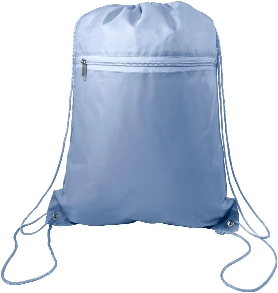 Zippered Drawstring Bag Cinch Sack Promotional Backpack Gym Travel Hike 12 Pack (Carolina Blue)