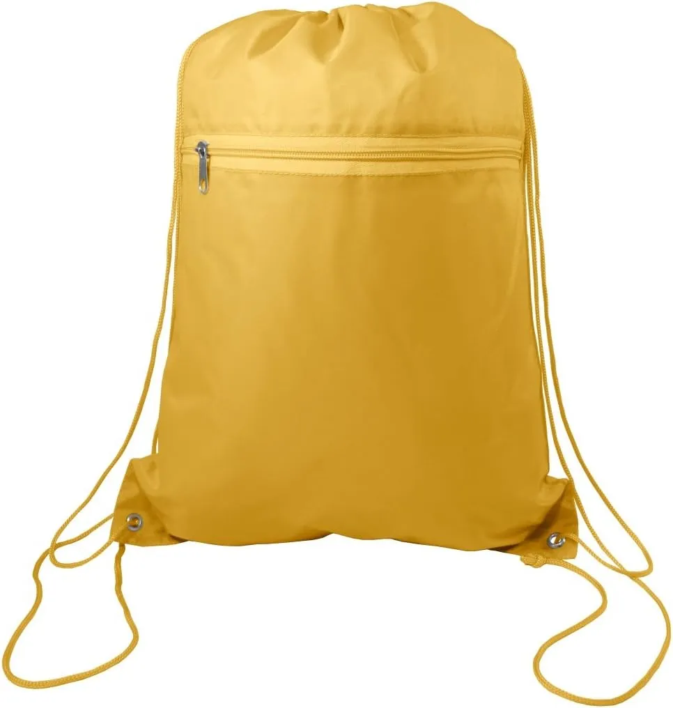 Zippered Drawstring Bag Cinch Sack Promotional Backpack Gym Travel Hike 12 Pack (Gold)