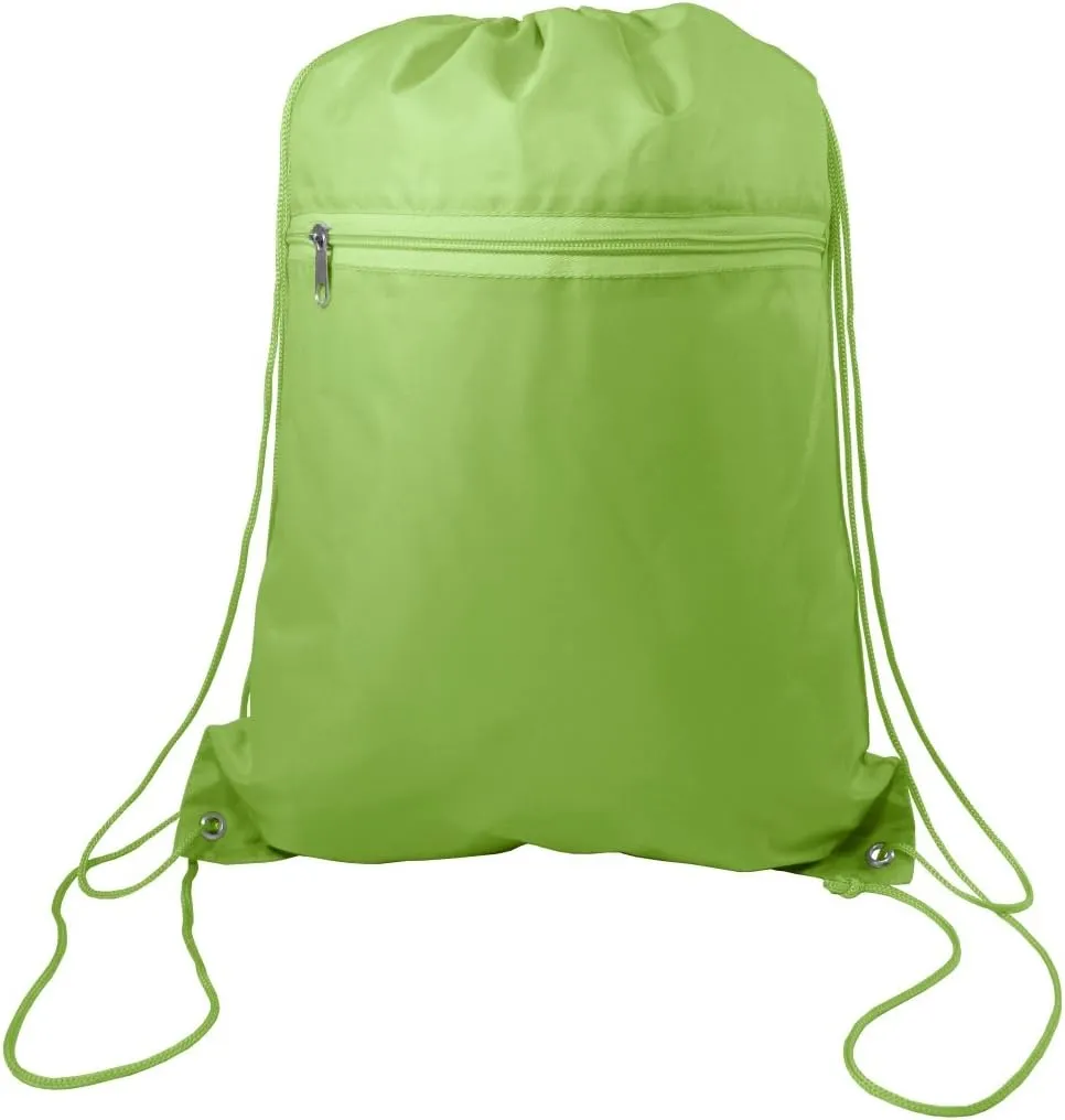 Zippered Drawstring Bag Cinch Sack Promotional Backpack Gym Travel Hike 12 Pack (Lime)