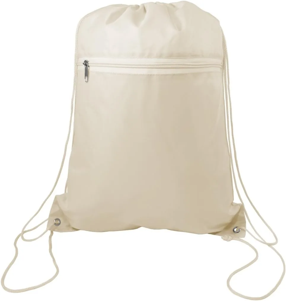 Zippered Drawstring Bag Cinch Sack Promotional Backpack Gym Travel Hike 12 Pack (Natural)